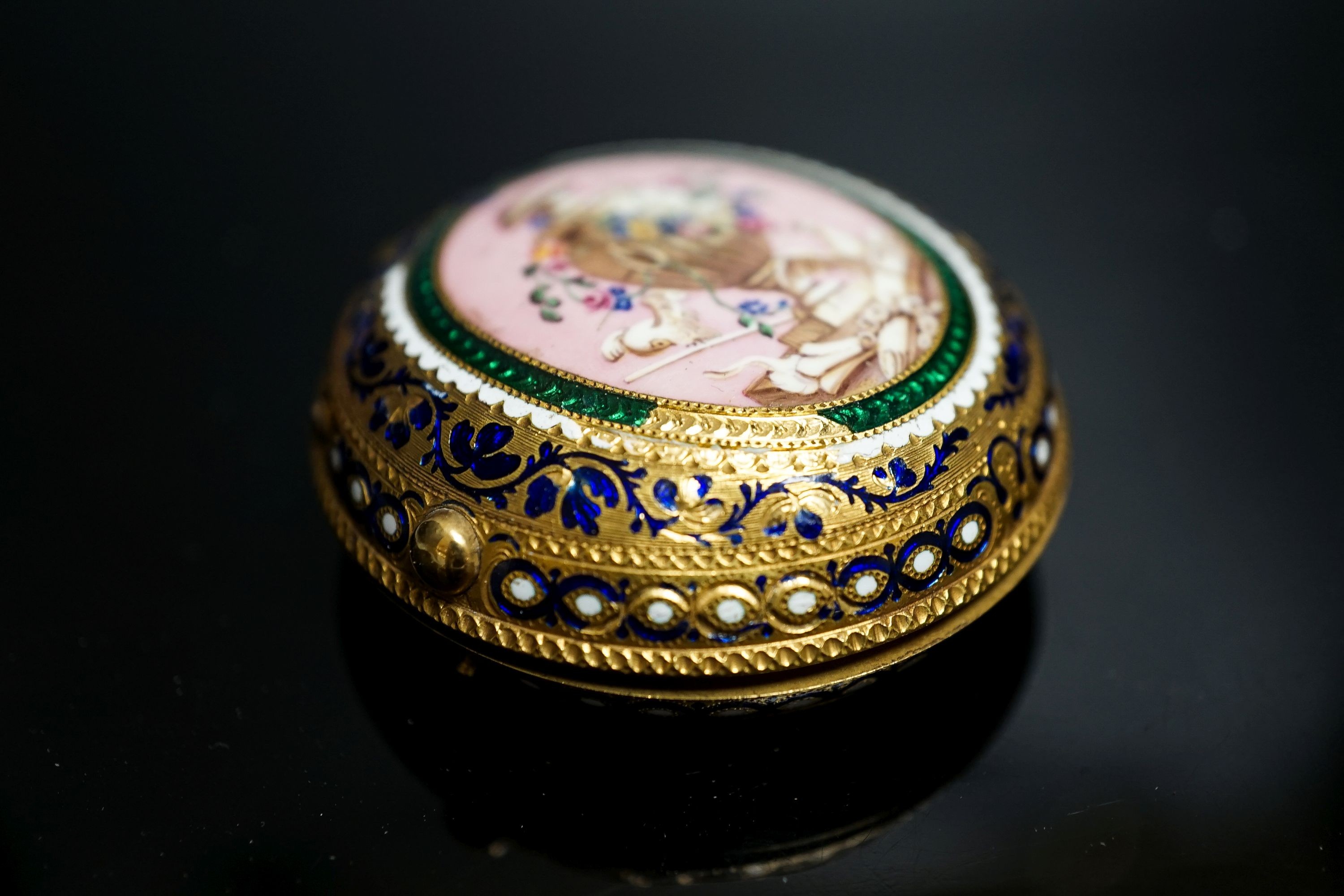 A 19th century yellow metal and enamelled pocket watch watch case (enamel a.f.), 48mm, gross weight 31.6 grams.